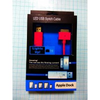 Кабель USB LED Apple Dock для Apple 30 pin в оплетке (розовый/коробочка)