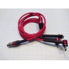 Кабель USB A - microUSB - USB C - Lightning 8-pin 2A  3 в 1  красный плетеный